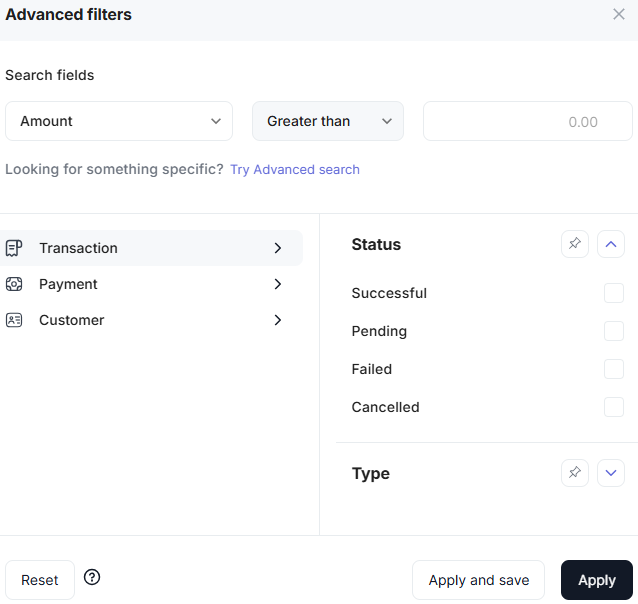 Some available filtering options.