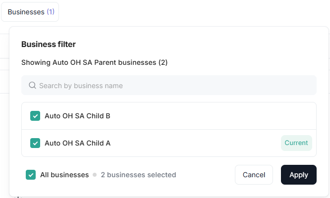 The business filter enables you to select the businesses whose transactions you want to view.